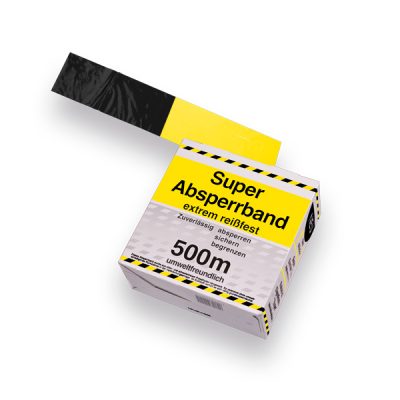 Afzetband 500m lang, 8cm breed, versterkt, geel - zwart