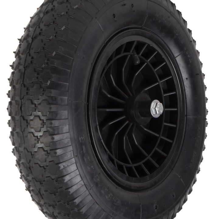 Kruiwagenwiel met luchtband en metalen velg (aslengte 13cm)